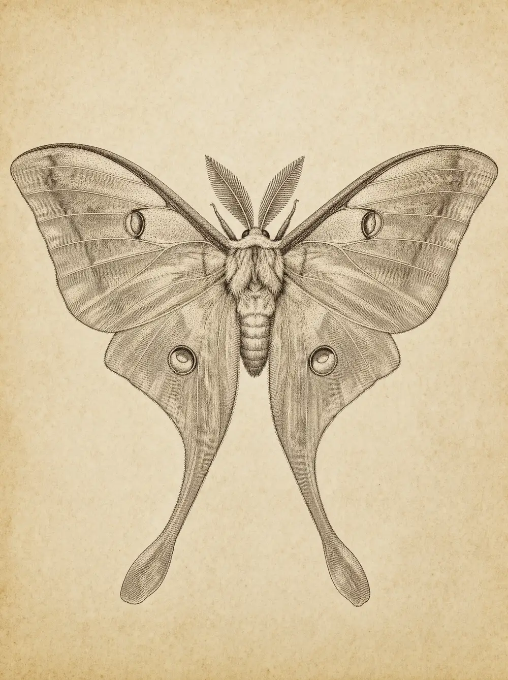 Antique copper-plate engraving of a luna moth specimen with wings fully spread, fine cross-hatched ink on aged paper