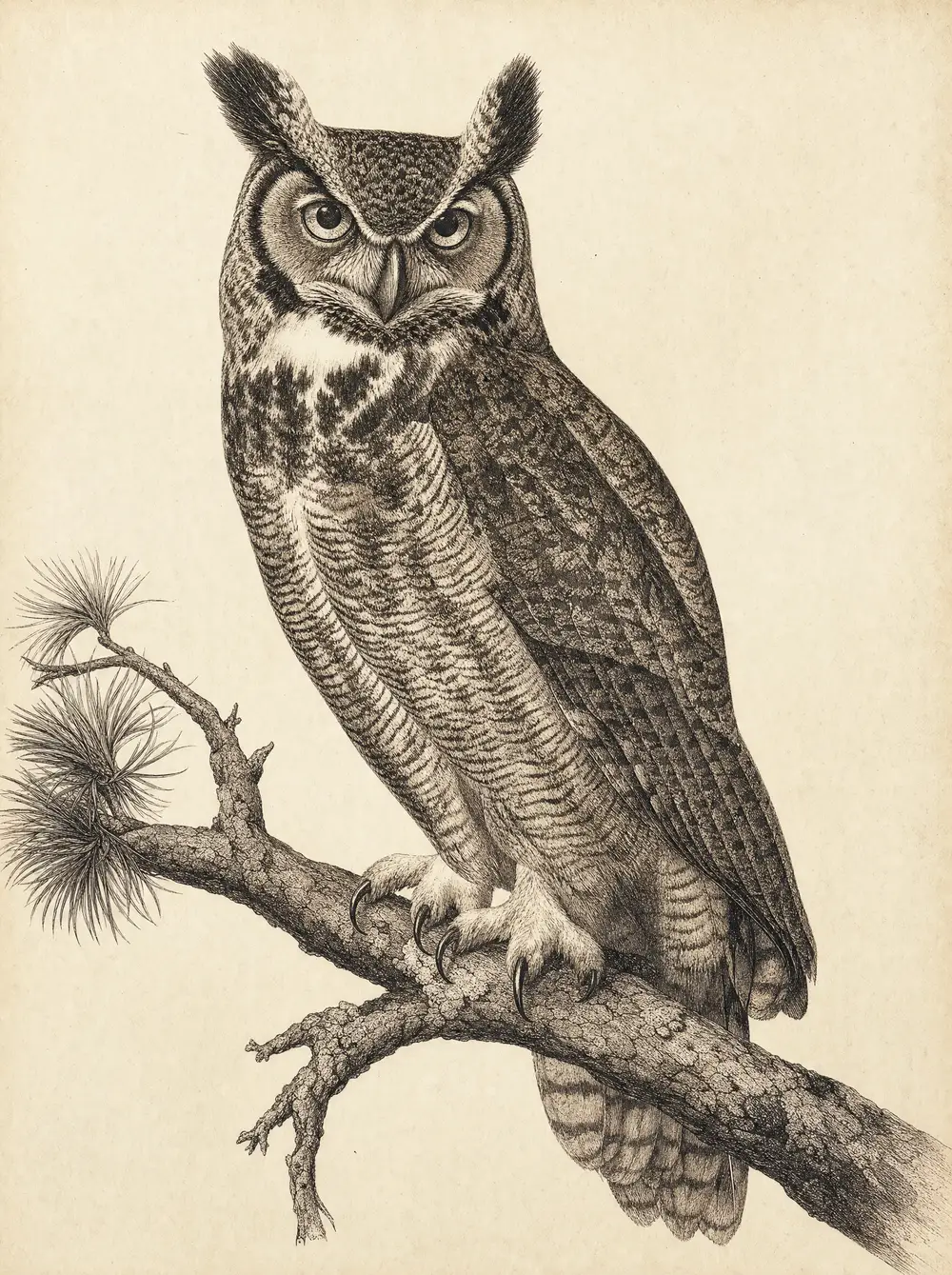 Antique copper-plate engraving of a great horned owl perched on a pine branch, rendered in fine cross-hatched ink on aged cream paper